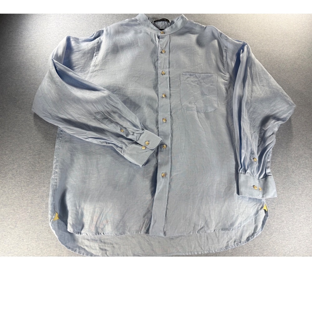 Paul Fredrick Mens Large Blue 100% Linen Mandarin Collar Shirt Classic Fit L